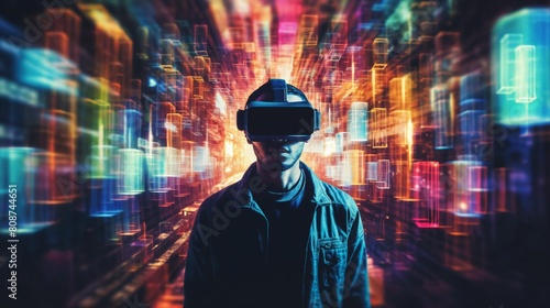 portrait of a man with virtual reality eyeglasses in front of background of night streets of modern city  with lights and glow and digital ai elements