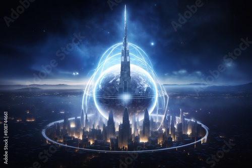 Futuristic metropolis  panoramic view  against the background of the night sky and space
