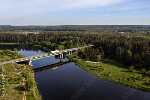 Beautiful aerial view of the bridge over the Neris river in Lithuania