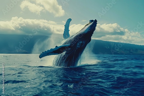 Humpback whale jump. Filmed in the National Marine Sanctuary. A humpback whale jumps out of the water. Slow motion. photo