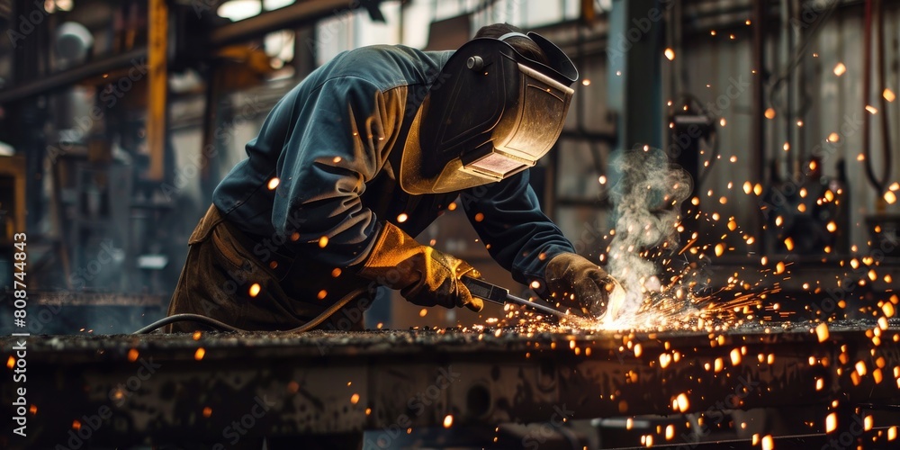 Worker is welding metal in factory Worker is welding metal in factory