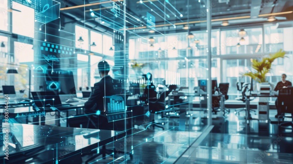 ERP Integration, corporate office showing seamless data flow between departments, clean modern style ERP Integration, corporate office showing seamless data flow between departments, clean modern style