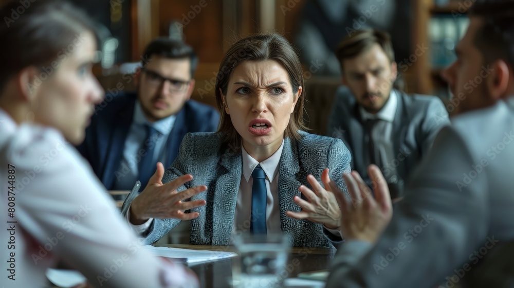A female lawyer arguing her case in a courtroom.
