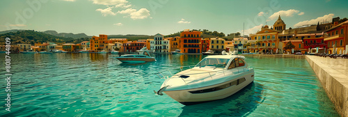 Picturesque Harbor Town in Italy, Colorful Buildings and Boats Along the Waterfront, A Vibrant Touristic Destination photo