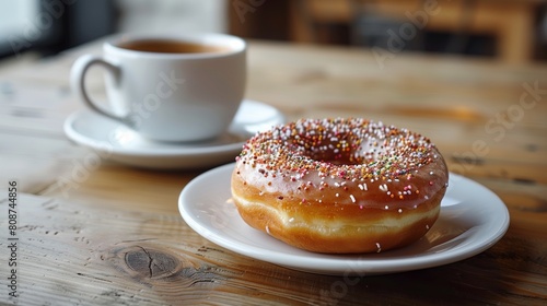 Donut with sprinkles and coffee on the wooden table in cafe. National Donut Day