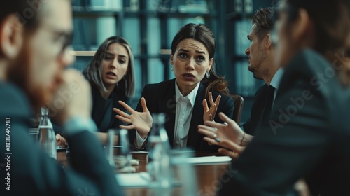 A photo of a group of people in a meeting, one woman is speaking with exasperation.