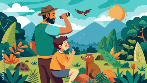 Man and Child Exploring Wildlife in the Wilderness. Perfect for: Father's Day, Children's Day, World Environment Day, Family Wildlife Adventures, Outdoor Exploration, Nature Discovery.