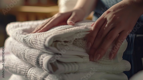 Close-up of professional woman putting pile of white towels in room © Fajar