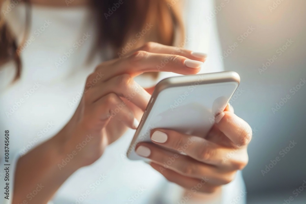 Online Text. Businesswoman Reading Emails on Phone with Closeup of Professional Hands