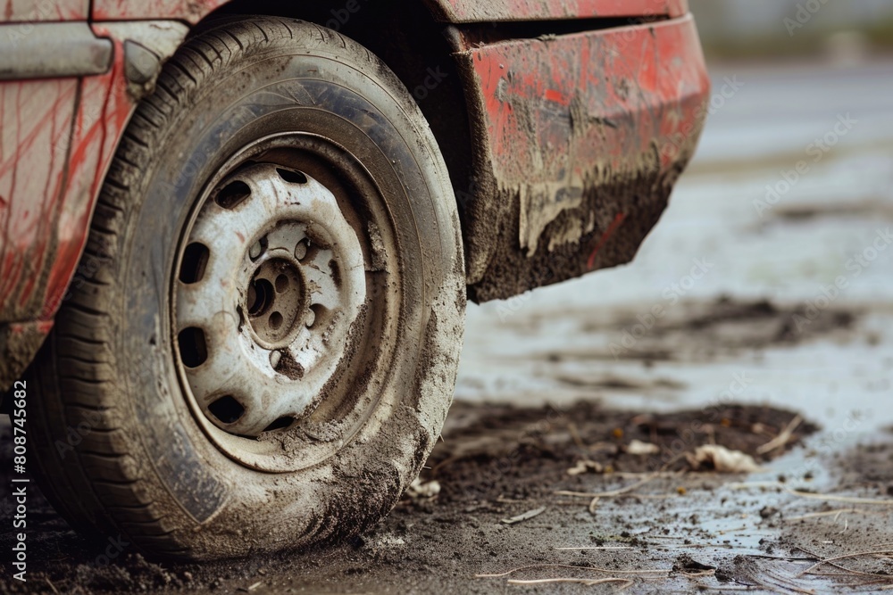 Worn Tires. Car Front Wheel Tyres with Tread Wear, Unsafe for Vehicle Use Worn Tires. Car Front Wheel Tyres with Tread Wear, Unsafe for Vehicle Use