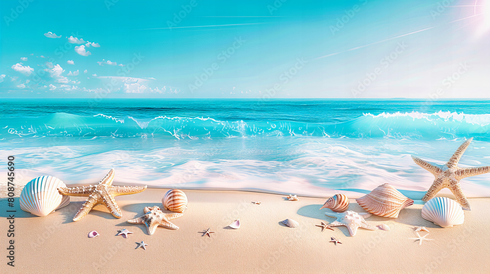 Pristine Beach in Summer, Waves Gently Lapping at the Sand, Clear Blue Ocean Under the Sunny Sky Pristine Beach in Summer, Waves Gently Lapping at the Sand, Clear Blue Ocean Under the Sunny Sky