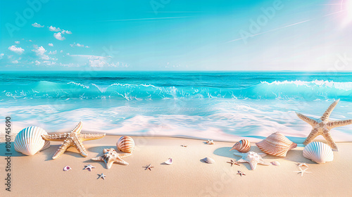 Pristine Beach in Summer, Waves Gently Lapping at the Sand, Clear Blue Ocean Under the Sunny Sky