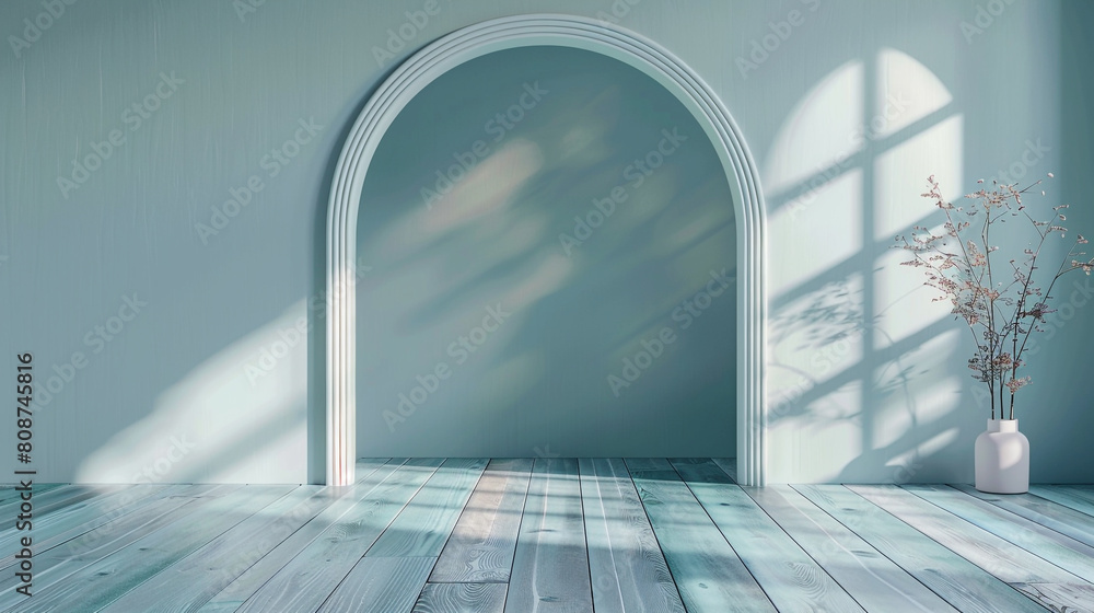 Obraz premium Living room in 3D with a bright blue floor, oval arch, and delicate morning shadows.