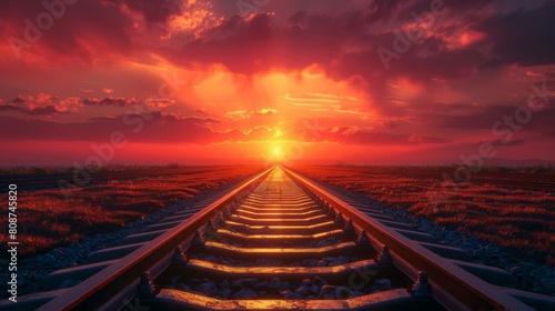3D rendering of a railway track stretching into the horizon under a dramatic orange sunset sky, reflecting warm hues on the metallic rails