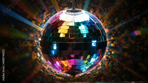 A dazzling disco ball spins colorful light reflections around the dance floor
