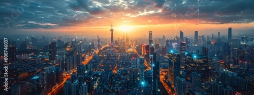 Futuristic AI-powered cityscape with advanced ERP systems visualized as holographic interfaces across the skyline. photo