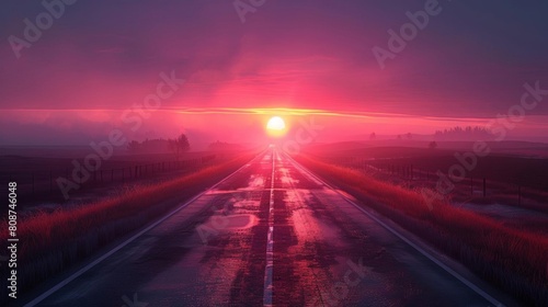 A 3D concept art of a long, deserted highway with a surrealistic sunset in the background, providing a moody and mysterious vibe for storytelling