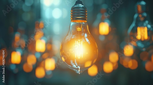 A single light bulb hanging at a different angle amidst uniform bulbs, shining brightly in 3D space, illustrating the power of distinct ideas photo