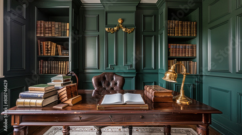 Elegant study featuring deep green walls, mahogany furnishings, and classic bookshelves.