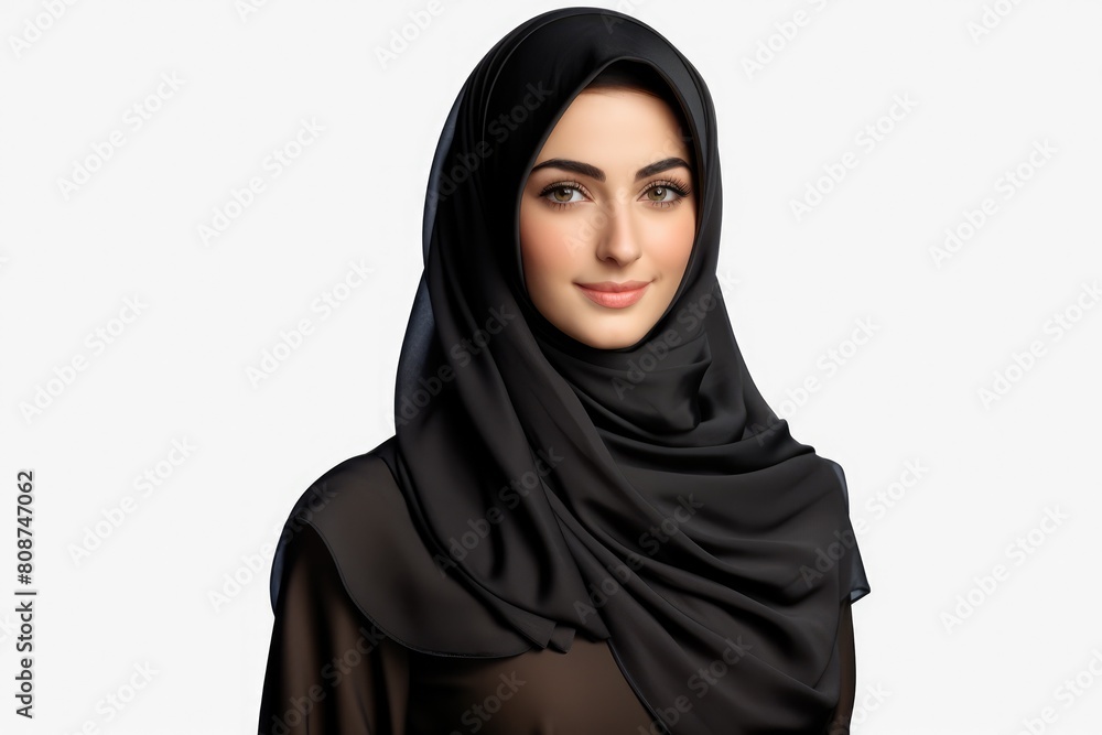 Portrait of beautiful caucasian happy smiling woman wearing black hijab over white png background. Waving head scarf, femininity, concept of goods for muslim islamic women. Copy space for design. Portrait of beautiful caucasian happy smiling woman wearing black hijab over white png background. Waving head scarf, femininity, concept of goods for muslim islamic women. Copy space for design.