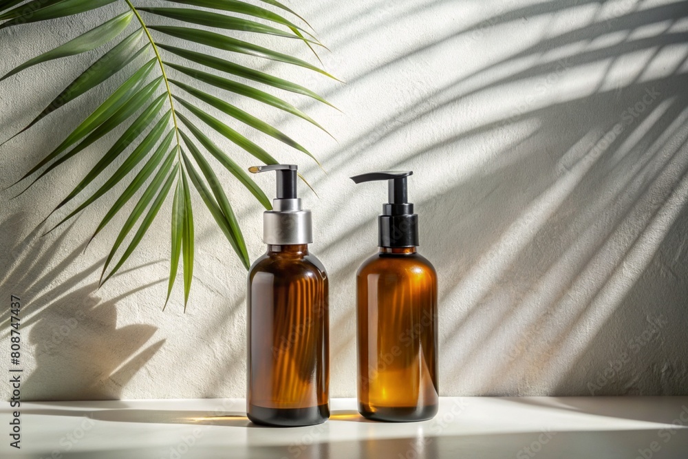 Aromatherapy. A glass bottle with a pipette for oil, lotion and palm leaves on a concrete background. Natural organic eco-cosmetics. The layout of the corporate identity of the beauty salon. Aromatherapy. A glass bottle with a pipette for oil, lotion and palm leaves on a concrete background. Natural organic eco-cosmetics. The layout of the corporate identity of the beauty salon.