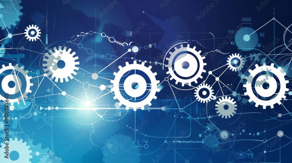 Seamless integration of ERP modules depicted through interconnected gears and cogs, symbolizing efficiency and synchronization,