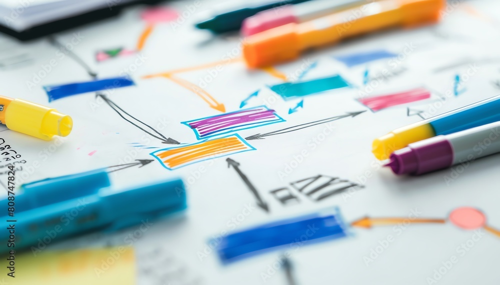 Closeup of a business plan flowchart on a whiteboard with colorful markers, concept for strategic planning in startup development Closeup of a business plan flowchart on a whiteboard with colorful markers, concept for strategic planning in startup development