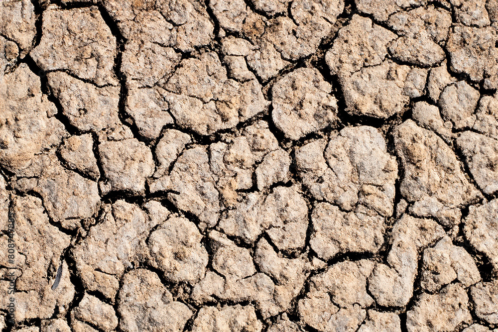 Close-up of dry cracked soil texture in arid area due to lack of water amid global warming. Concept of environmental problems Close-up of dry cracked soil texture in arid area due to lack of water amid global warming. Concept of environmental problems