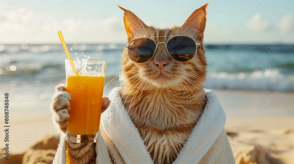 Ginger cat with glasses holds a glass of juice on the beach, summer vacation