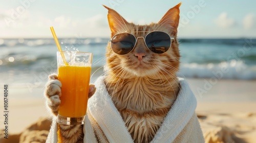 Ginger cat with glasses holds a glass of juice on the beach, summer vacation photo