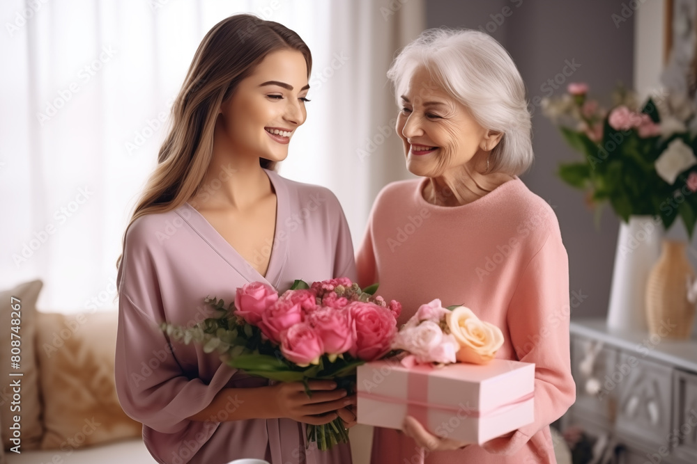 Smiling caring grownup millennial daughter present gift flowers to old mom on women s day