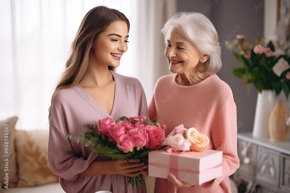 Smiling caring grownup millennial daughter present gift flowers to old mom on women s day Smiling caring grownup millennial daughter present gift flowers to old mom on women s day