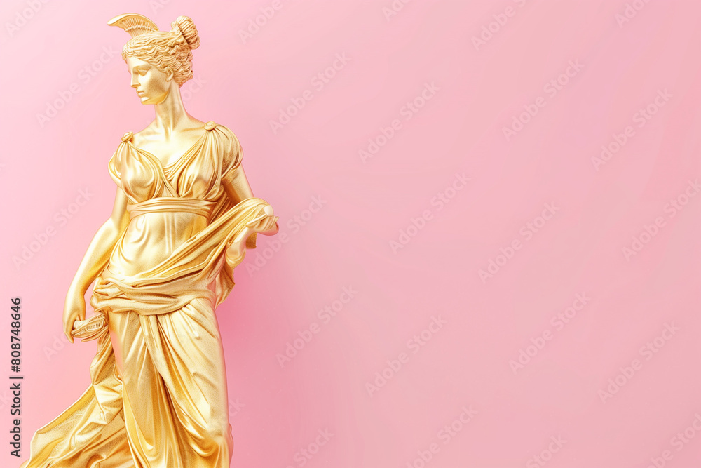 Obraz premium Statue of a Greek goddess in gold color on a pink background. Statue of a goddess. Silver statue. Greek mythology.