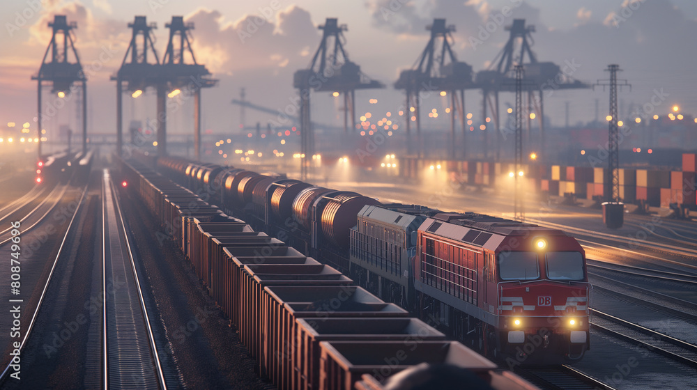 Amidst the industrial landscape of a bustling logistics center, a convoy of cargo trains awaits departure, their sleek design and streamlined efficiency emblematic of the moderniza