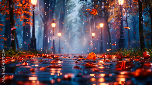 Rain-Splattered Autumn Leaves  Reflective Droplets Enhancing the Vibrant Colors of Fall
