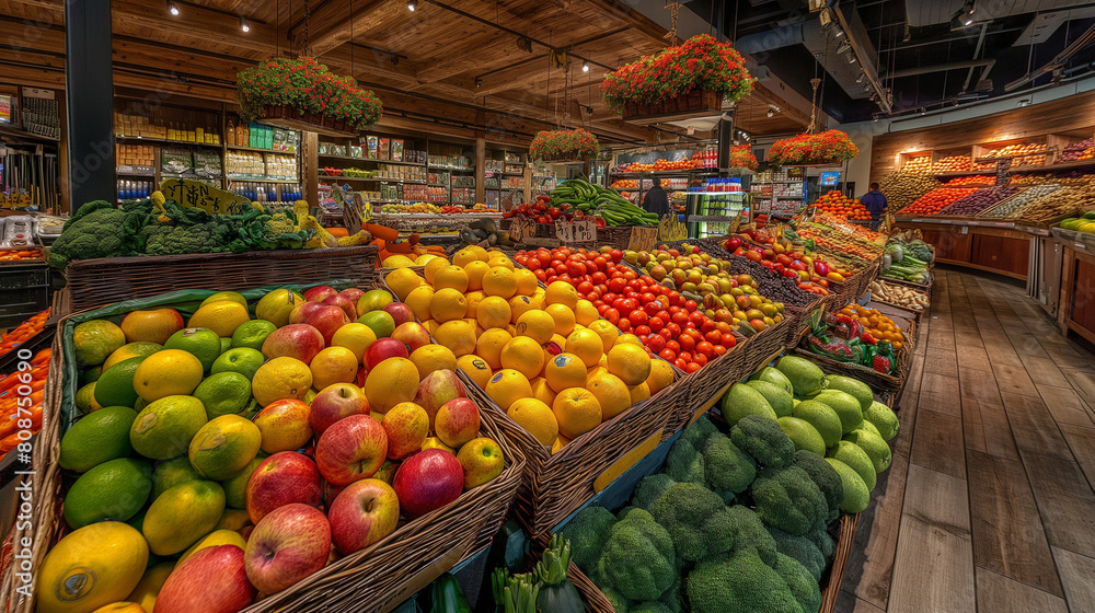 Within the vibrant ambiance of the produce section, shopping cart stands overflow with a bounty of fruits and vegetables, their vibrant colors and enticing aromas tempting shoppers