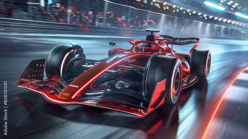 A modern Formula 1 racer takes a sharp turn on the track, their sleek car hugging the asphalt with precision as they push the limits of speed and agility, thrilling spectators with