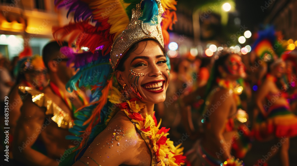 A festive Pride celebration in Rio de Janeiro, dancers in extravagant costumes, vibrant street decorations, the lively and carnival-like environment, Photography, shot with a telephoto lens to capture