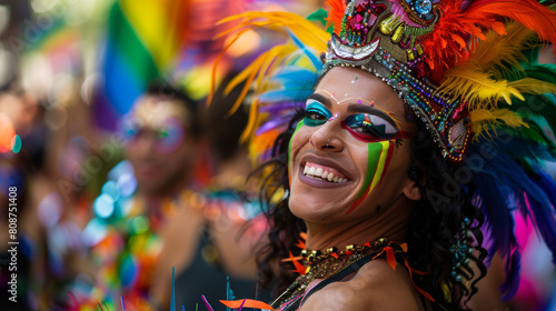 A festive Pride celebration in Rio de Janeiro, dancers in extravagant costumes, vibrant street decorations, the lively and carnival-like environment, Photography, shot with a telephoto lens to capture