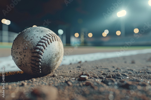 A weathered baseball rests on the dirt of an illuminated field at night, hinting at past games.