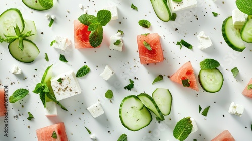 A refreshing salad featuring watermelon, cucumbers, feta cheese, and mint, served on a vibrant blue background. This dish combines fresh ingredients to create a colorful and delicious cuisine staple