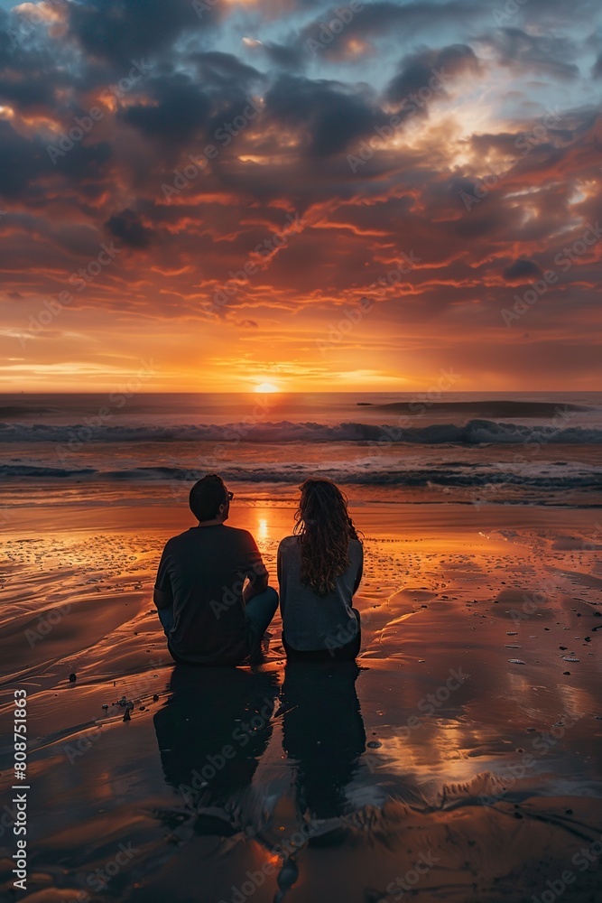 Fototapeta premium Couple Sitting on Beach Watching Sunset