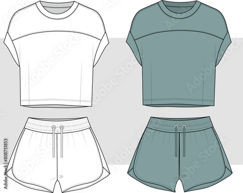 women and Girls top shorts set vector, home wear, sport wear illustration fashion design. Lounge Wear Set Fashion Flat Templates.
