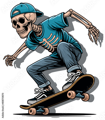 Skeleton on a Skateboard - Colored Illustration or Textile Print Motif Isolated on White Background, Vector © Roman Dekan