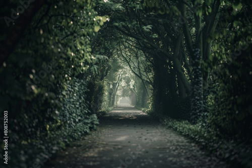 Mystical tree arch tunnel in misty forest pathway.