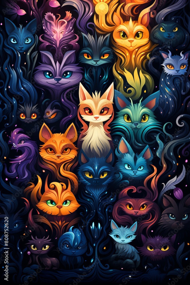 Stylized vector seamless pattern featuring fantasy pets in mythical poses, deep purples and blues, perfect for gaming backgrounds