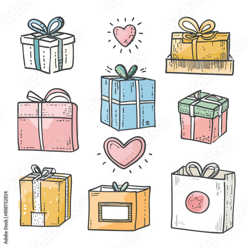 Collection handdrawn gift boxes hearts, colorful festive design, presents wrapped ribbons. Birthday celebration, special occasion, holiday doodle set, giftgiving theme, artistic sketch. Variety