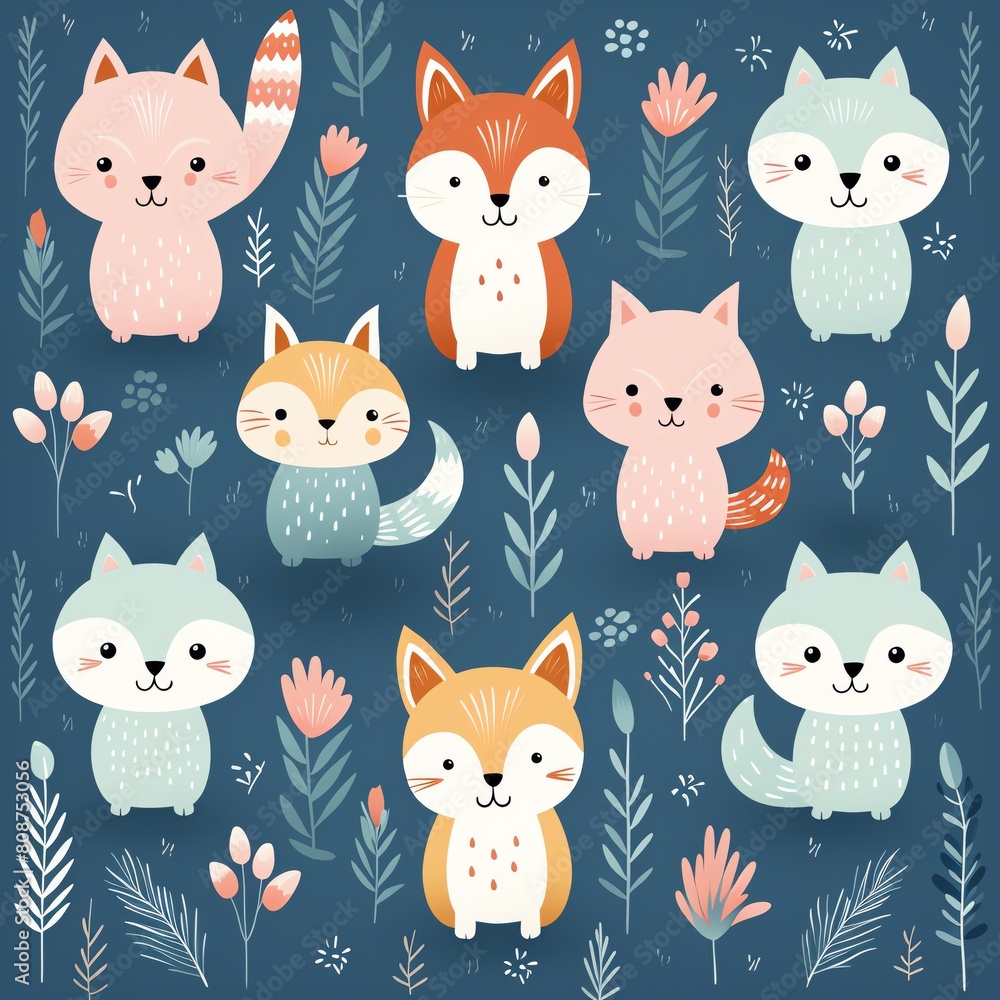 Obraz premium Handdrawn style whimsical pets, pastel tones on a seamless pattern, ideal for nursery fabric designs