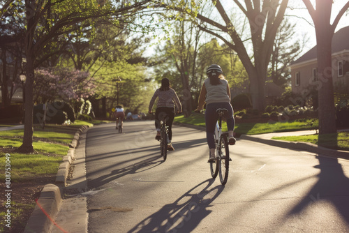 People cycling peacefully on a tree-lined road during a quiet, sunlit evening.