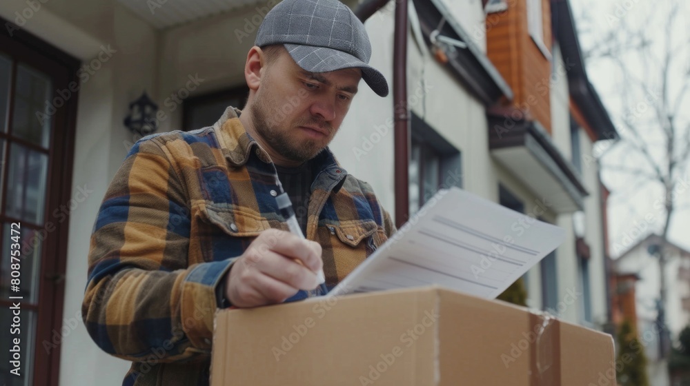 Courier holding carton box and delivery receipt Courier holding carton box and delivery receipt